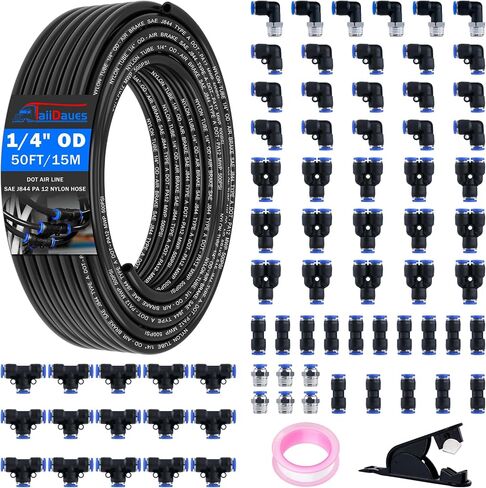 1/4" Air Line Tubing Kit,1/4" OD DOT Air Line 50 FT(15 m) SAE j844 PA Nylon Air Hose Tube and Push to Connect Fitting for Air Brake System Or Fluid Transfer,15 Pcs Compressed Accessories Kit in Saudi Arabia