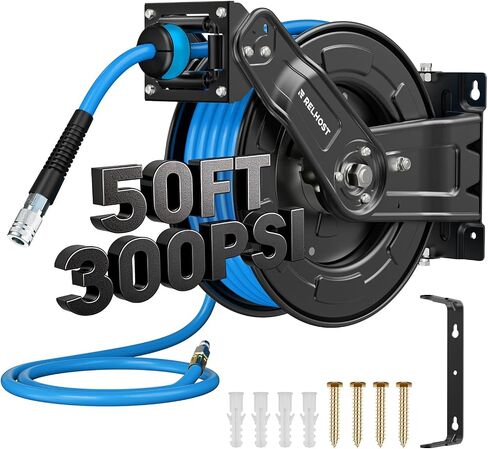 Relhost Retractable Air Hose Reel, 65 ft x 3/8 in Hybrid Air Hose Max 300PSI, Heavy Duty Air Compressor Hose Reel with Dual Arms, Auto Rewind, 180° Swivel Ceiling/Wall Mount for Garages, Workshops in Kuwait