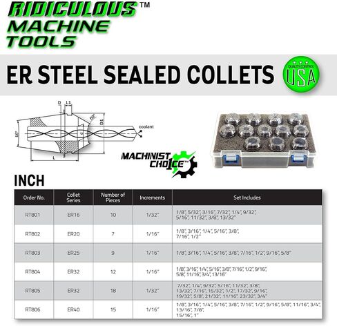 1/8-1" ER40 STEEL SEALED Spring Collets INCH 15 Piece Set (0.0003" T.I.R.) Coolant Collet 1500 MAX PSI Machinist Choice in Kuwait