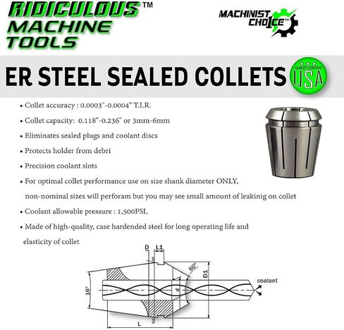 1/8-1" ER40 STEEL SEALED Spring Collets INCH 15 Piece Set (0.0003" T.I.R.) Coolant Collet 1500 MAX PSI Machinist Choice in Kuwait