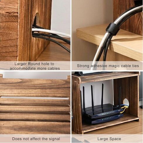 Upgraded Wood Router Box Hider Shelf, Retro Vintage Wifi Router Storage Modem Power Strip, 16 Inch Fits Most Routers, Easy Install Cable Management Home Office Organizer in Kuwait