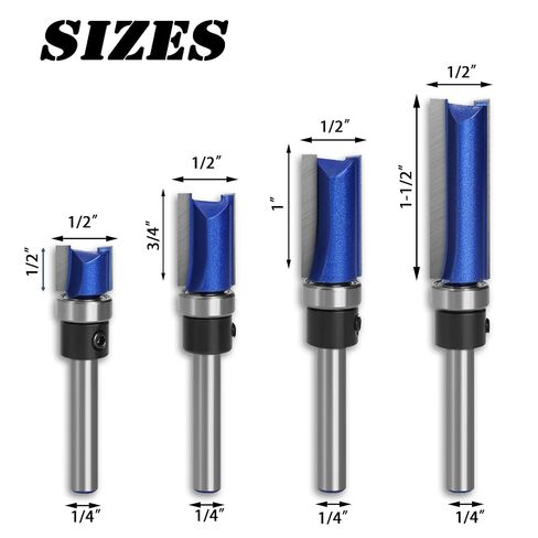 4PCS Top Bearing Flush Trim Router Bit Set, 1/4 Inch Shank | Pattern Template Router Bit Set, Straight Cutting, Carbide Tip, for Woodworking in Kuwait
