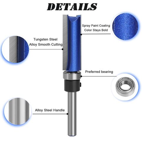 4PCS Top Bearing Flush Trim Router Bit Set, 1/4 Inch Shank | Pattern Template Router Bit Set, Straight Cutting, Carbide Tip, for Woodworking in Kuwait