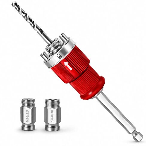 Hole Saw Arbor, 3/8 Quick Release Shank, 5/8-18 UNF and M16 | Dual adapters fit 1-3/8 to 7-7/8 in bi-metal hole saws, with quick release, slug ejection and attached pilot bit in Kuwait