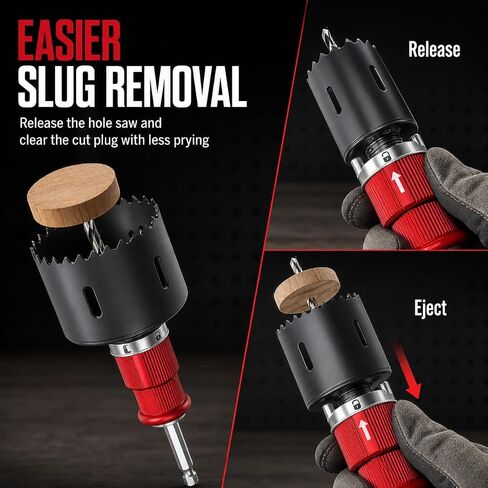 Hole Saw Arbor, 3/8 Quick Release Shank, 5/8-18 UNF and M16 | Dual adapters fit 1-3/8 to 7-7/8 in bi-metal hole saws, with quick release, slug ejection and attached pilot bit in Kuwait