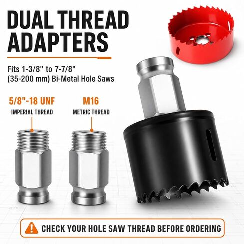 Hole Saw Arbor, 3/8 Quick Release Shank, 5/8-18 UNF and M16 | Dual adapters fit 1-3/8 to 7-7/8 in bi-metal hole saws, with quick release, slug ejection and attached pilot bit in Kuwait