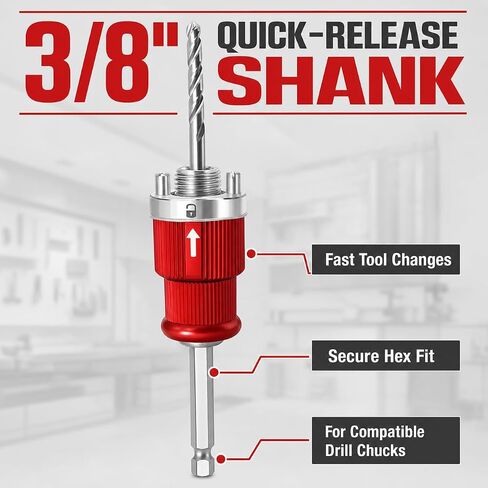 Hole Saw Arbor, 3/8 Quick Release Shank, 5/8-18 UNF and M16 | Dual adapters fit 1-3/8 to 7-7/8 in bi-metal hole saws, with quick release, slug ejection and attached pilot bit in Kuwait