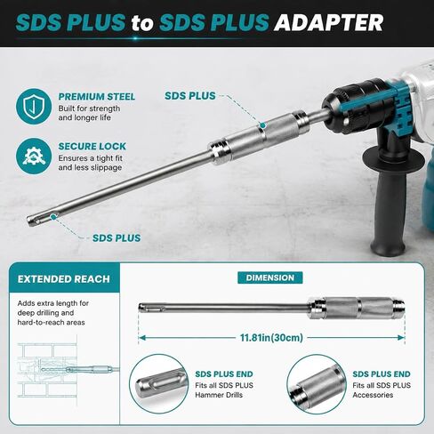 SDS Plus Extension Adapter with 11.8'' Total Length System (3.74'' Adapter + Extension Shaft), Heavy Duty Alloy Steel Rotary Hammer Extension for Drill Bits & Hole Saws in Kuwait