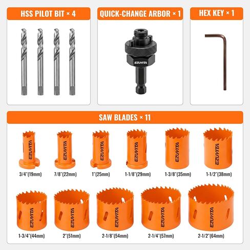 17PCS Bi-Metal Hole Saw Kit, Hole Cutter Set with 3/4" to 2-1/2" Hole Saws, One Arbor Fits All, for Wood, Metal, Plastic, Includes Drill Bits, Hex Key & Storage Case, Fathers Day Gift in Kuwait