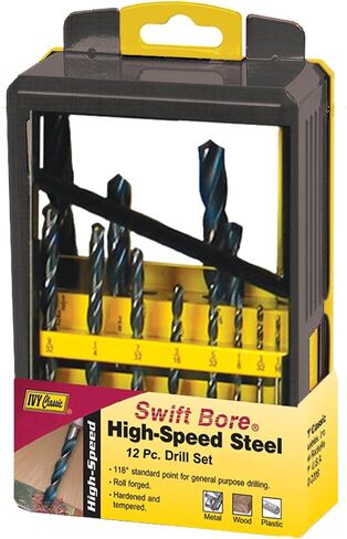 Ivy Classic 10392 12 Piece Swift Bore High Speed Steel Roll Forged Drill Bit Set, Sturdy Metal Case in Kuwait