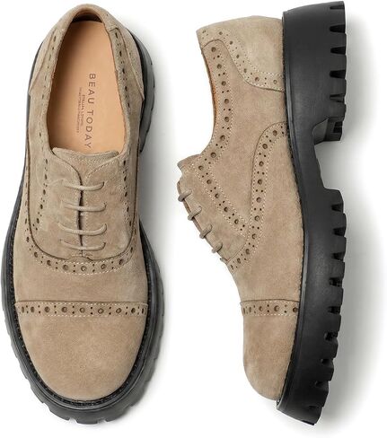 BEAU TODAY Women's Suede Lace-Up Platform Oxford Shoes with Lug Sole | Cow suede upper, brogue cap toe, leather lining and footbed for office, commute and smart casual wear in Kuwait