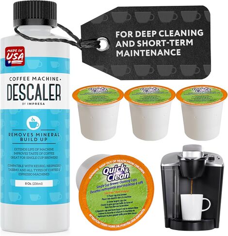 IMPRESA - 8 Ounce Coffee Machine Descaler and Cleaning Kit - 2 Uses Per Bottle - Includes 4 Cleaning Cups - Compatible with Keurig K-Cup Pod Machines -Solution and Stain Remover in Saudi Arabia