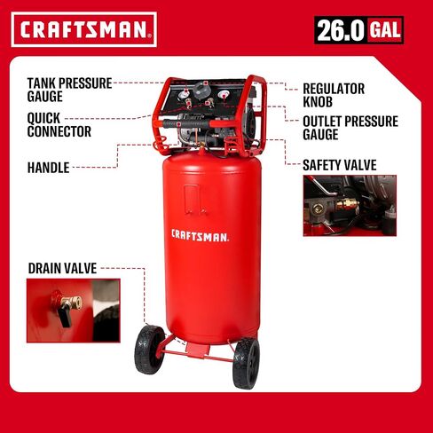 Craftsman Air Compressor，26 Gallon Portable Air Compressor 1.8HP 5.0 CFM@90PSI Oil Free Induction Motor, Max 150 PSI Pressure Powerful High Capacity 1000H Long Life Cycle, Red,CMXECXA3332643 in Kuwait