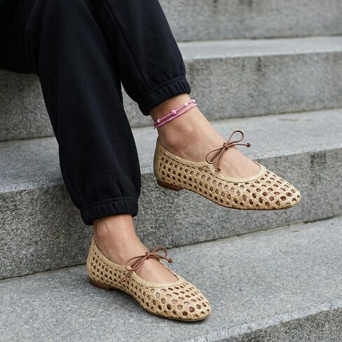 Women Woven Mesh Ballet Flats Raffia Lace up Mary Jane Flats | Woven Flats for Women,Ballet Flats,Raffia Mesh Flats for Women,Woven Ballet Flats,Women Mesh Mary Jane,Lace up Mesh Flats in Saudi Arabia