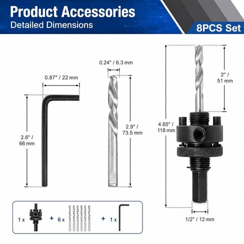 1/2" Hex Shank Quick Change Arbor Fits 1-1/2" to 10" Hole Saws with 5 Pcs Central Drill Bits in Kuwait