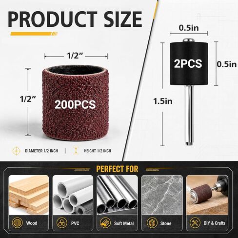 200 Pcs 1/2 Inch Sand Drum Grit 60 Coarse with 2 Pcs 1/8 Inch Mandrel for Rotary Tools, Aluminum Oxide Sanding Sleeves for Drum Sanders, Sanding Bits Tool Accessories in Kuwait