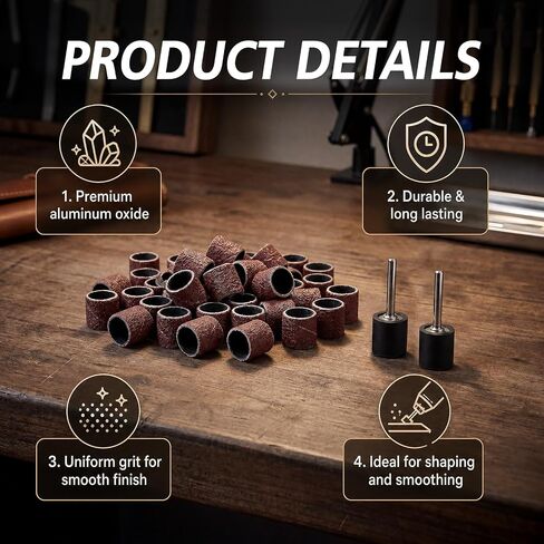 200 Pcs 1/2 Inch Sand Drum Grit 60 Coarse with 2 Pcs 1/8 Inch Mandrel for Rotary Tools, Aluminum Oxide Sanding Sleeves for Drum Sanders, Sanding Bits Tool Accessories in Kuwait