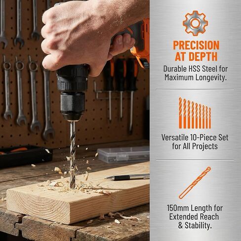 10 Piece 150mm Extra Long HSS Twist Drill Bit Set, 5 Different Sizes, Two of Each, Straight Shank 2-5mm for Wood Plastic and Aluminum in Kuwait