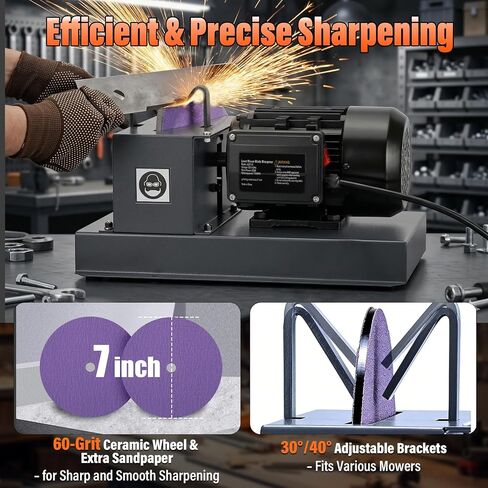 Lawn Mower Blade Sharpener, Upgraded 2/3HP 500W Lawnmower Bench Grinder | 7-Inch Ceramic Grinding Wheel, Extra 60-Grit Ceramic Sandpapers, 30°/40° Brackets, for High/Low Lift, Gator & Flat Blades in Kuwait