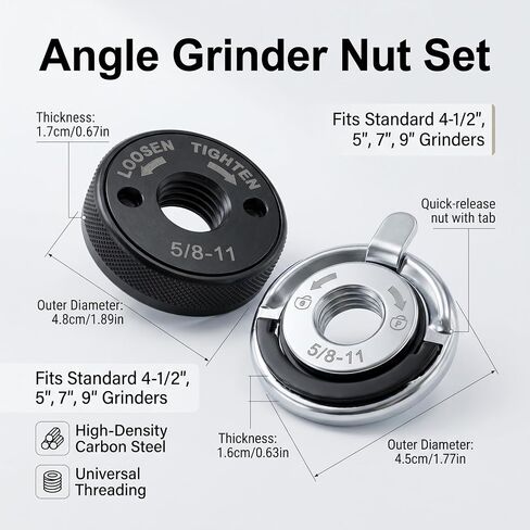 2Pcs 5/8"-11 Thread Angle Grinder Flange Nuts, Tool-Free Quick Release Locking Kit, Silver D-Ring and Knurled Arbor Nut, Self Locking Flange Nuts for 4-1/2" 5" 7" 9" Grinders, No Wrench Required in Kuwait