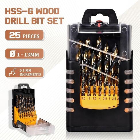 25Pcs Metric Drill Bit Set, HSS Brad Point Drill Bit Set, 1-13mm (0.5mm Step) Brad Point Drill Bits for Woodworking, Wood Drill Bits for Hardwood Softwood with Storage Case in Kuwait