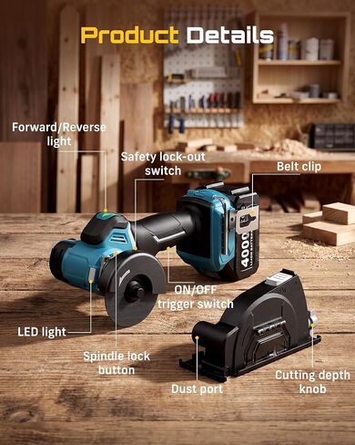 Seesii 21V Brushless 3" Cordless Cut-Off Tool with 2x 4.0Ah Batteries, 20000 RPM Mini Angle Grinder with 0.1s Safety Brake & Forward/Reverse, Cordless Cutter for Metal, Tile, Rebar in Kuwait