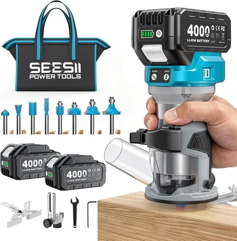 SEESII Cordless Wood Router, 21V Brushless Compact Palm Router with 2×4.0Ah Battery, Aluminum Base, LED Display, Dust Extraction, 6-Speed Adjustment & 8PCS 1/4"Router Bits, Trimmer for Woodworking in Kuwait