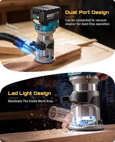 SEESII Cordless Wood Router, 21V Brushless Compact Palm Router with 2×4.0Ah Battery, Aluminum Base, LED Display, Dust Extraction, 6-Speed Adjustment & 8PCS 1/4"Router Bits, Trimmer for Woodworking in Kuwait