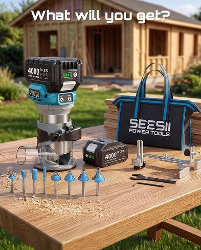 SEESII Cordless Wood Router, 21V Brushless Compact Palm Router with 2×4.0Ah Battery, Aluminum Base, LED Display, Dust Extraction, 6-Speed Adjustment & 8PCS 1/4"Router Bits, Trimmer for Woodworking in Kuwait