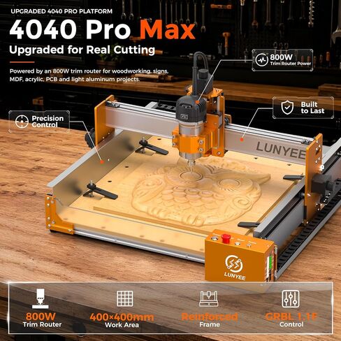 LUNYEE 4040 Pro Max CNC Router Machine with 800W Router, 400 x 400 x 90mm Working Area, Linear Guide Z Axis, Ball Screw Drive, Desktop CNC for Wood, MDF, Acrylic, PCB and Light Aluminum in Kuwait