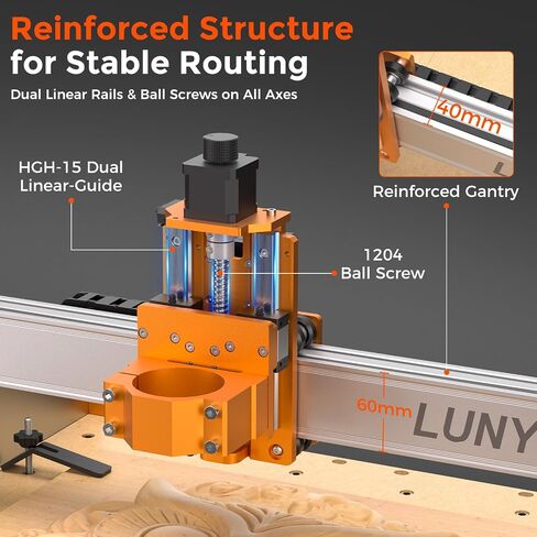 LUNYEE 4040 Pro Max CNC Router Machine with 800W Router, 400 x 400 x 90mm Working Area, Linear Guide Z Axis, Ball Screw Drive, Desktop CNC for Wood, MDF, Acrylic, PCB and Light Aluminum in Kuwait