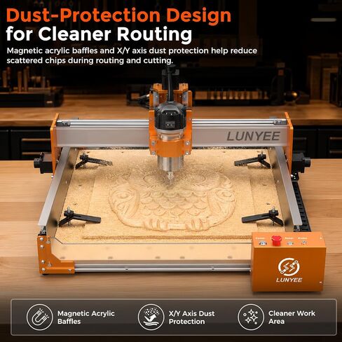 LUNYEE 4040 Pro Max CNC Router Machine with 800W Router, 400 x 400 x 90mm Working Area, Linear Guide Z Axis, Ball Screw Drive, Desktop CNC for Wood, MDF, Acrylic, PCB and Light Aluminum in Kuwait