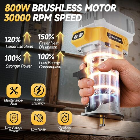 Cordless Router Tool compatible with DeWalt 20V Battery, 800W 30000 RPM Brushless Wood Router with 5-Speed Control, Aluminum Base, Depth Adjustment, 6 Router Bits, Palm Router (Tool Only) in Kuwait