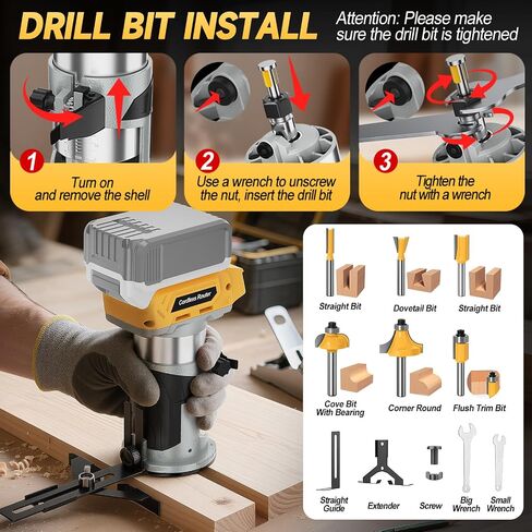 Cordless Router Tool compatible with DeWalt 20V Battery, 800W 30000 RPM Brushless Wood Router with 5-Speed Control, Aluminum Base, Depth Adjustment, 6 Router Bits, Palm Router (Tool Only) in Kuwait