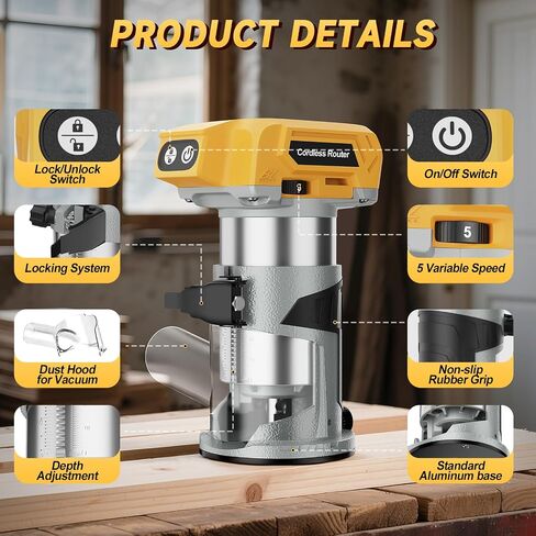 Cordless Router Tool compatible with DeWalt 20V Battery, 800W 30000 RPM Brushless Wood Router with 5-Speed Control, Aluminum Base, Depth Adjustment, 6 Router Bits, Palm Router (Tool Only) in Kuwait