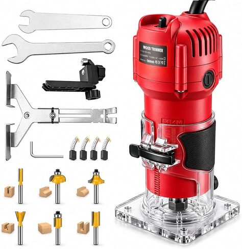 800W Compact Wood Router Tool, 32,000 RPM Electric Palm Router, 1/4" Collet Hand Trimmer with Edge & Roller Guide, Woodworking Router for Trimming, Grooving & Edging in Kuwait