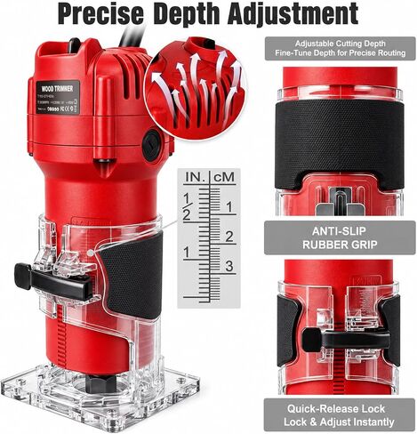 800W Compact Wood Router Tool, 32,000 RPM Electric Palm Router, 1/4" Collet Hand Trimmer with Edge & Roller Guide, Woodworking Router for Trimming, Grooving & Edging in Kuwait