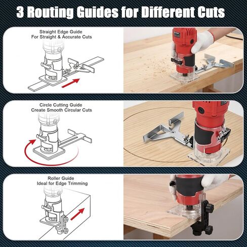 800W Compact Wood Router Tool, 32,000 RPM Electric Palm Router, 1/4" Collet Hand Trimmer with Edge & Roller Guide, Woodworking Router for Trimming, Grooving & Edging in Kuwait