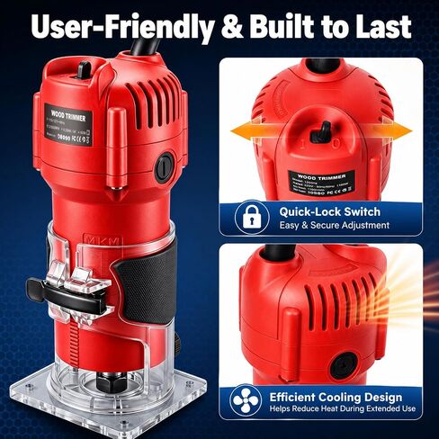 800W Compact Wood Router Tool, 32,000 RPM Electric Palm Router, 1/4" Collet Hand Trimmer with Edge & Roller Guide, Woodworking Router for Trimming, Grooving & Edging in Kuwait
