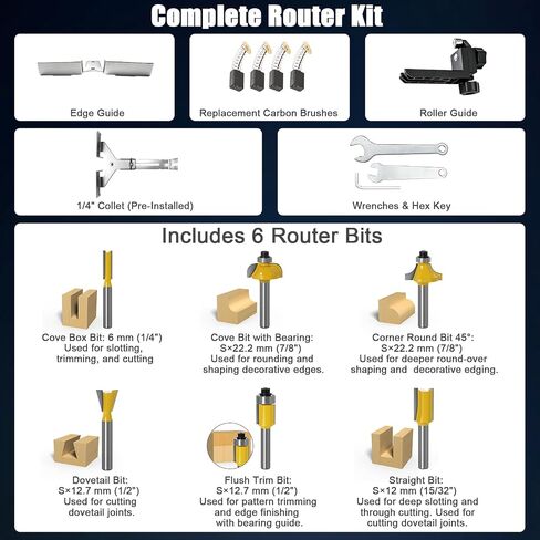 800W Compact Wood Router Tool, 32,000 RPM Electric Palm Router, 1/4" Collet Hand Trimmer with Edge & Roller Guide, Woodworking Router for Trimming, Grooving & Edging in Kuwait