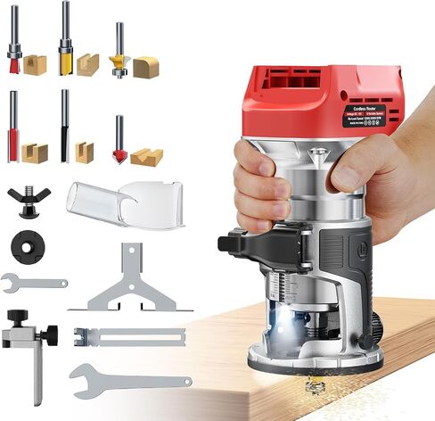 Cordless Router Tool Compatible with Milwaukee Battery(Tool Only), 800W Brushless Wood Router, 6-Speed, LED Light, Depth Adjustment, Edge & Roller Guide, Router Bits Included in Kuwait