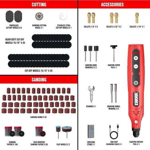 EWORK 448PCS Cordless Rotary Tool Kit 5-Speed Power Rotary Tool Accessories | 4V Mini Rotary Tool Kit for Drilling, Engraving, Sanding, Polishing, Cutting, Carving, Grinding and Cleaning, DIY in Kuwait