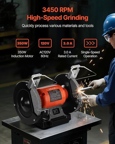 VEVOR Bench Grinder, 8-inch Single Speed Bench Grinder, 3450RPM High-Speed Table Grinders with 350W 3.0A Induction Motor, 36/60-Grit Grinding Wheel & Adjustable Eye Shield for Fast Sharpening Grinding in Kuwait