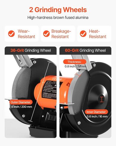 VEVOR Bench Grinder, 8-inch Single Speed Bench Grinder, 3450RPM High-Speed Table Grinders with 350W 3.0A Induction Motor, 36/60-Grit Grinding Wheel & Adjustable Eye Shield for Fast Sharpening Grinding in Kuwait