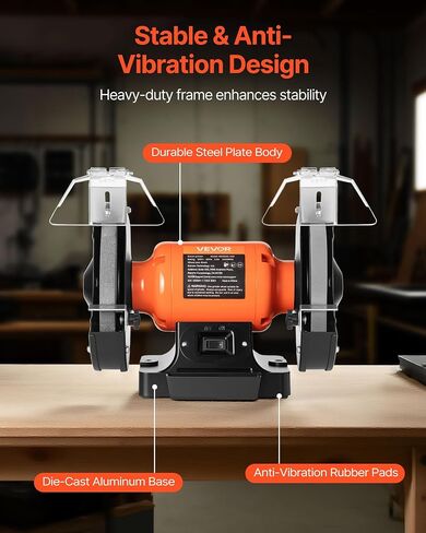 VEVOR Bench Grinder, 8-inch Single Speed Bench Grinder, 3450RPM High-Speed Table Grinders with 350W 3.0A Induction Motor, 36/60-Grit Grinding Wheel & Adjustable Eye Shield for Fast Sharpening Grinding in Kuwait