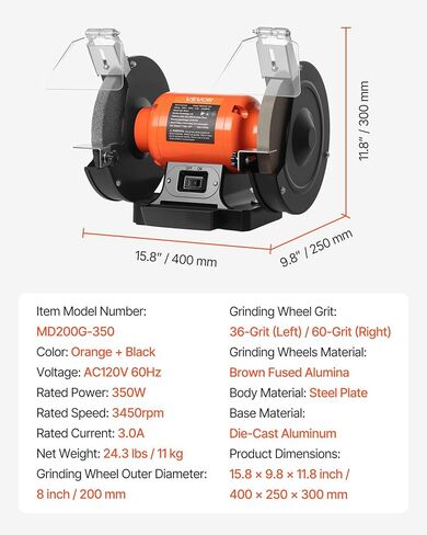 VEVOR Bench Grinder, 8-inch Single Speed Bench Grinder, 3450RPM High-Speed Table Grinders with 350W 3.0A Induction Motor, 36/60-Grit Grinding Wheel & Adjustable Eye Shield for Fast Sharpening Grinding in Kuwait
