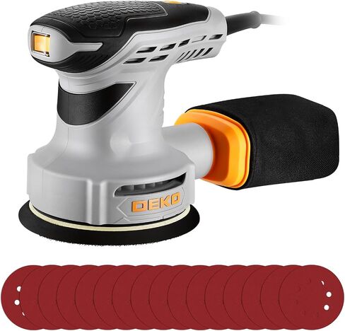 Random Orbital Sander: DEKOPRO 5" Corded 3.0 Amps Electric Sander with Dust Box, 6 Various Speeds Adjustable Palm Sander with Dust Box, 16Pcs Sandpapers for Woodworking & Sanding-Yellow in Kuwait
