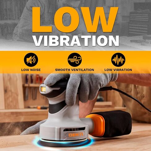 Random Orbital Sander: DEKOPRO 5" Corded 3.0 Amps Electric Sander with Dust Box, 6 Various Speeds Adjustable Palm Sander with Dust Box, 16Pcs Sandpapers for Woodworking & Sanding-Yellow in Kuwait