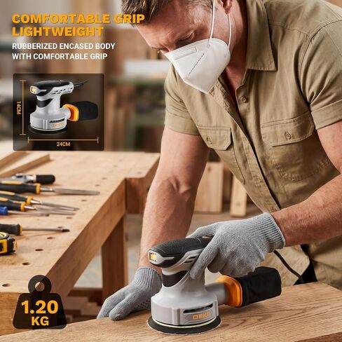 Random Orbital Sander: DEKOPRO 5" Corded 3.0 Amps Electric Sander with Dust Box, 6 Various Speeds Adjustable Palm Sander with Dust Box, 16Pcs Sandpapers for Woodworking & Sanding-Yellow in Kuwait