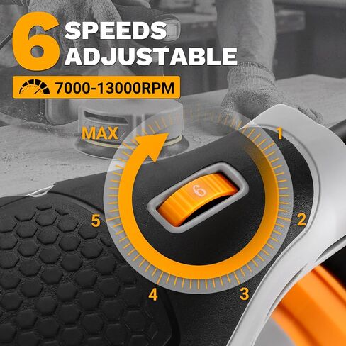 Random Orbital Sander: DEKOPRO 5" Corded 3.0 Amps Electric Sander with Dust Box, 6 Various Speeds Adjustable Palm Sander with Dust Box, 16Pcs Sandpapers for Woodworking & Sanding-Yellow in Kuwait